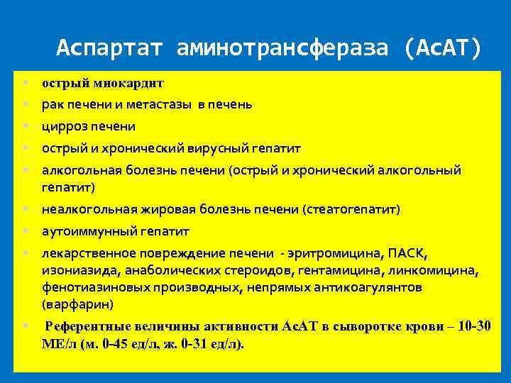 Аспартат аминотрансфераза (Ас. АТ) острый миокардит рак печени и метастазы в печень цирроз печени