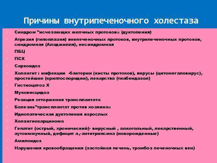 Причины внутрипеченочного холестаза • Синдром "исчезающих желчных протоков « (дуктопения) • Атрезия (гипоплазия) внепеченочных