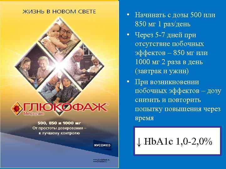 МЕТФОРМИН: титрация дозы • Начинать с дозы 500 или 850 мг 1 раз/день •
