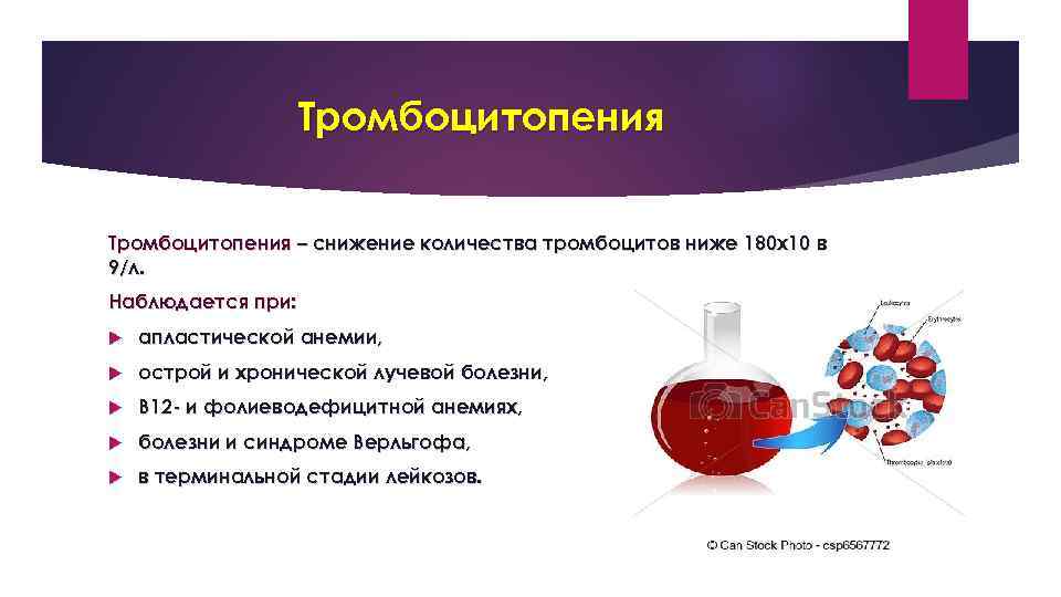 Тромбоцитопения – снижение количества тромбоцитов ниже 180 х10 в 9/л. Наблюдается при: апластической анемии,