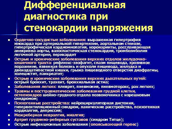 Дифференциальная диагностика при стенокардии напряжения n n n n n Сердечно-сосудистые заболевания: выраженная гипертрофия