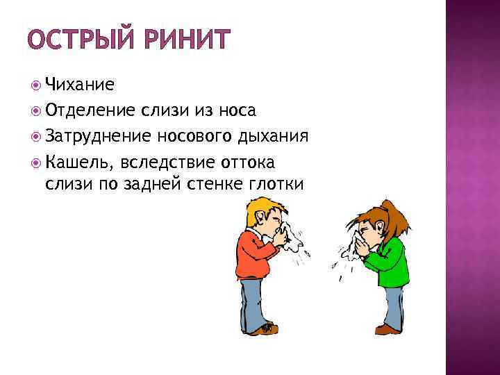 ОСТРЫЙ РИНИТ Чихание Отделение слизи из носа Затруднение носового дыхания Кашель, вследствие оттока слизи