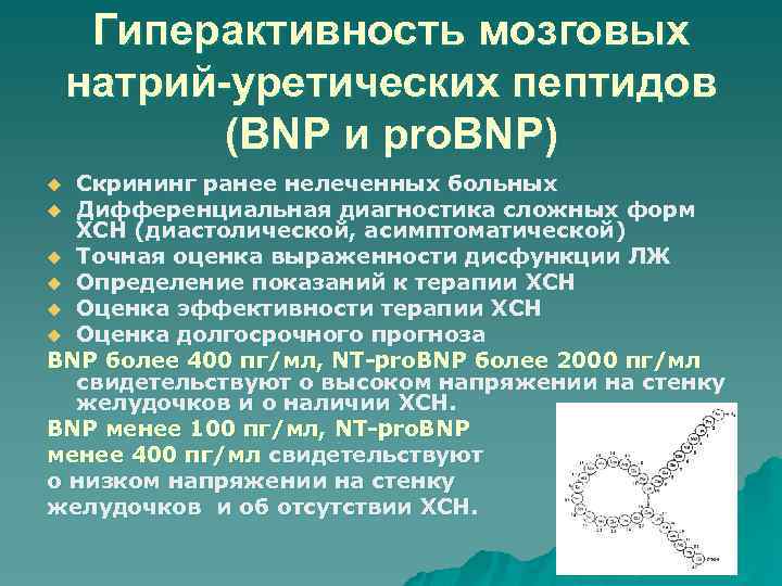 Гиперактивность мозговых натрий-уретических пептидов (BNP и pro. BNP) Скрининг ранее нелеченных больных u Дифференциальная