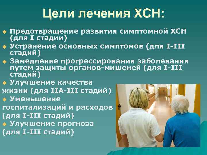 Цели лечения ХСН: Предотвращение развития симптомной ХСН (для I стадии) u Устранение основных симптомов