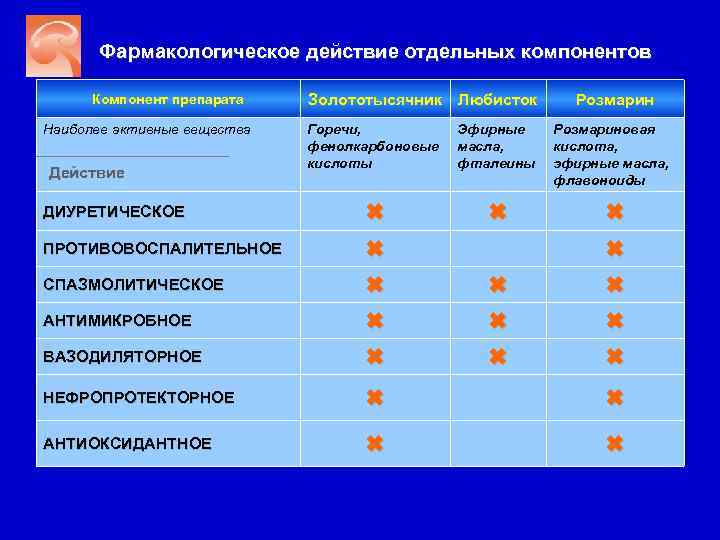Фармакологическое действие отдельных компонентов Компонент препарата Наиболее активные вещества Золототысячник Любисток Розмарин Горечи, фенолкарбоновые