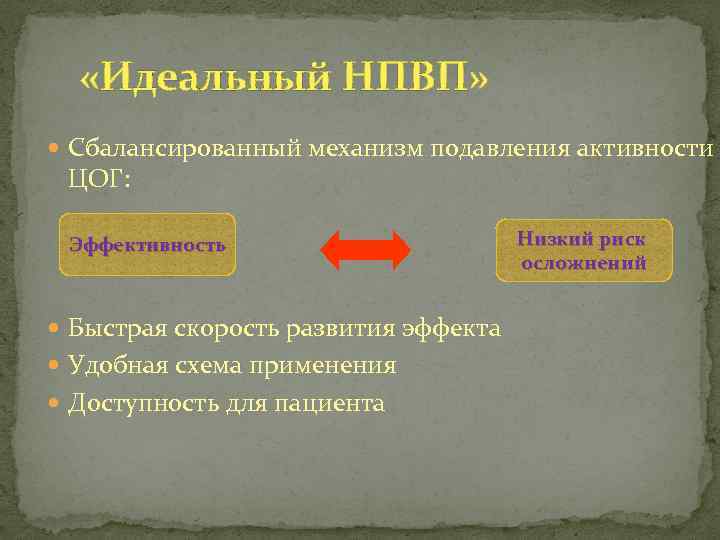  «Идеальный НПВП» Сбалансированный механизм подавления активности ЦОГ: Эффективность Быстрая скорость развития эффекта Удобная