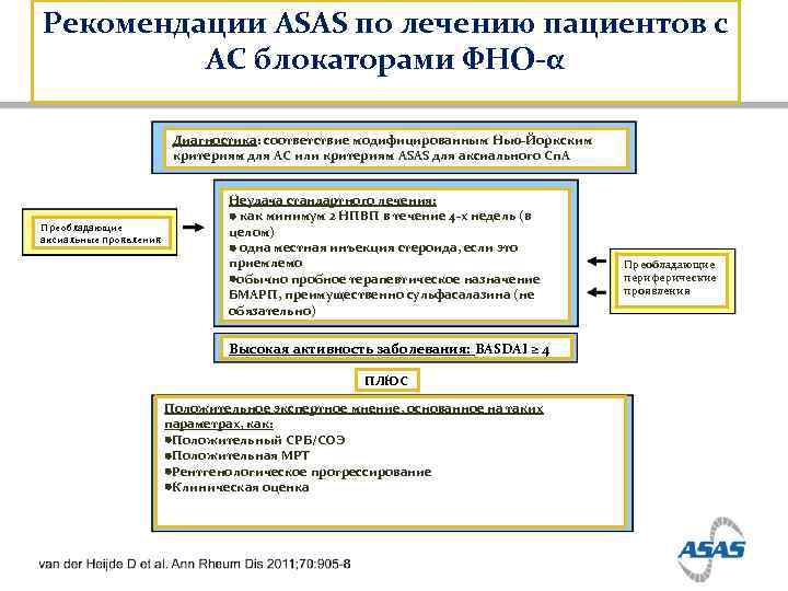 : Рекомендации ASAS по лечению пациентов с АС блокаторами ФНО-α Диагностика: соответствие модифицированным Нью-Йоркским
