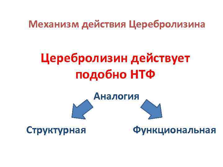 Механизм действия Церебролизина Церебролизин действует подобно НТФ Аналогия Структурная Функциональная 