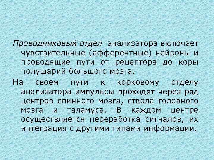 Проводниковый отдел анализатора включает чувствительные (афферентные) нейроны и проводящие пути от рецептора до коры