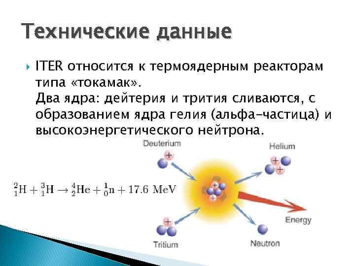 Технические данные ITER относится к термоядерным реакторам типа «токамак» . Два ядра: дейтерия и