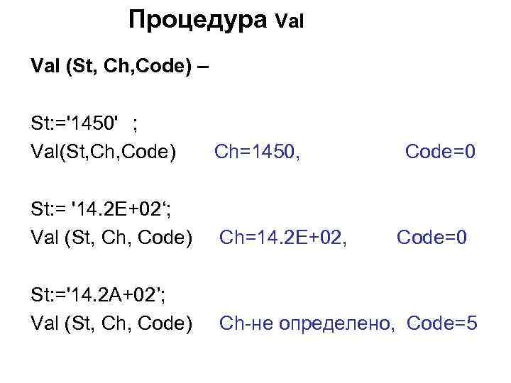 Процедура Val (St, Ch, Code) – St: ='1450' ; Val(St, Ch, Code) Ch=1450, St: