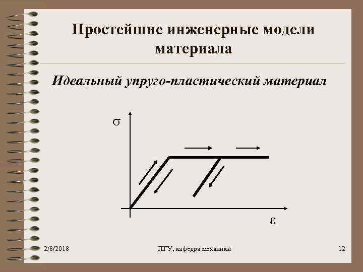 Простейшие инженерные модели материала Идеальный упруго-пластический материал 2/8/2018 ПГУ, кафедра механики 12 