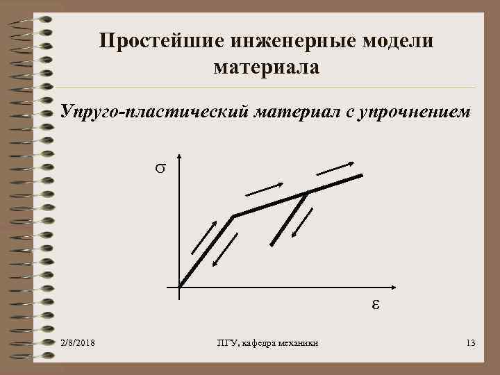 Простейшие инженерные модели материала Упруго-пластический материал с упрочнением 2/8/2018 ПГУ, кафедра механики 13 