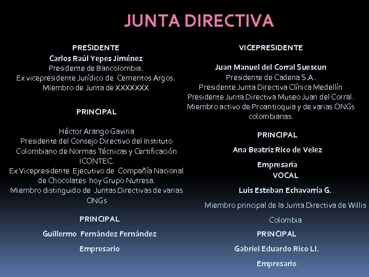 JUNTA DIRECTIVA PRESIDENTE Carlos Raúl Yepes Jiménez Presidente de Bancolombia. Ex vicepresidente Jurídico de