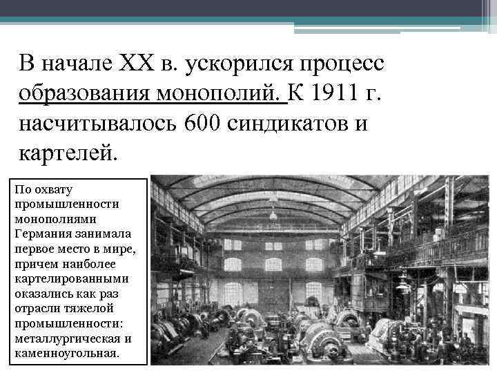 В начале XX в. ускорился процесс образования монополий. К 1911 г. насчитывалось 600 синдикатов