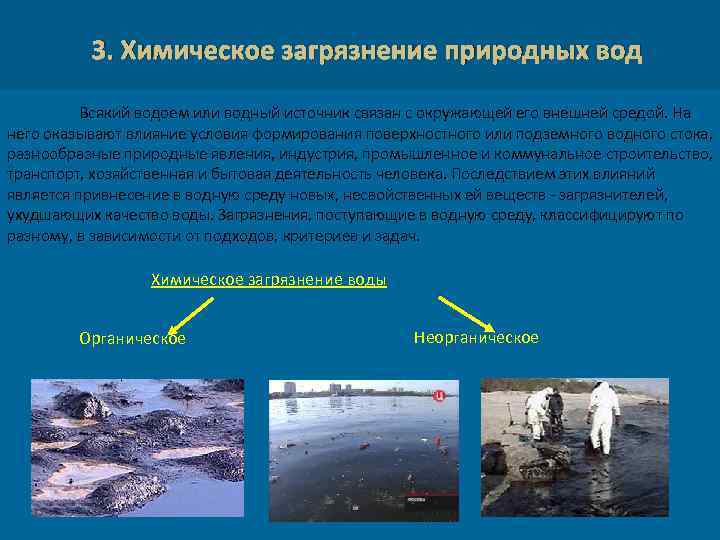 3. Химическое загрязнение природных вод Всякий водоем или водный источник связан с окружающей его