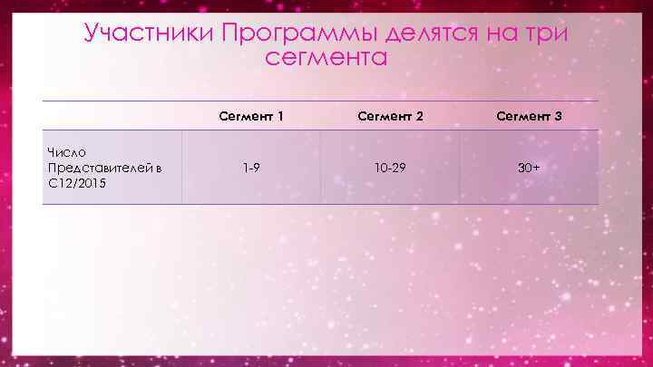 Участники Программы делятся на три сегмента Сегмент 1 Число Представителей в С 12/2015 Сегмент