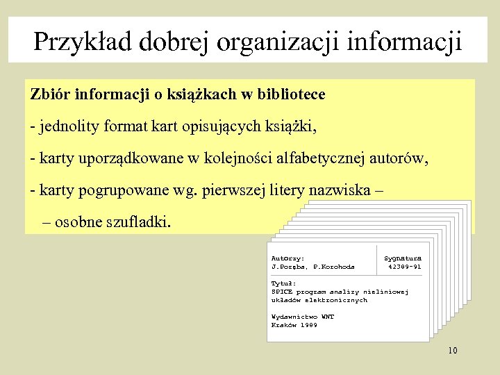 Przykład dobrej organizacji informacji Zbiór informacji o książkach w bibliotece - jednolity format kart