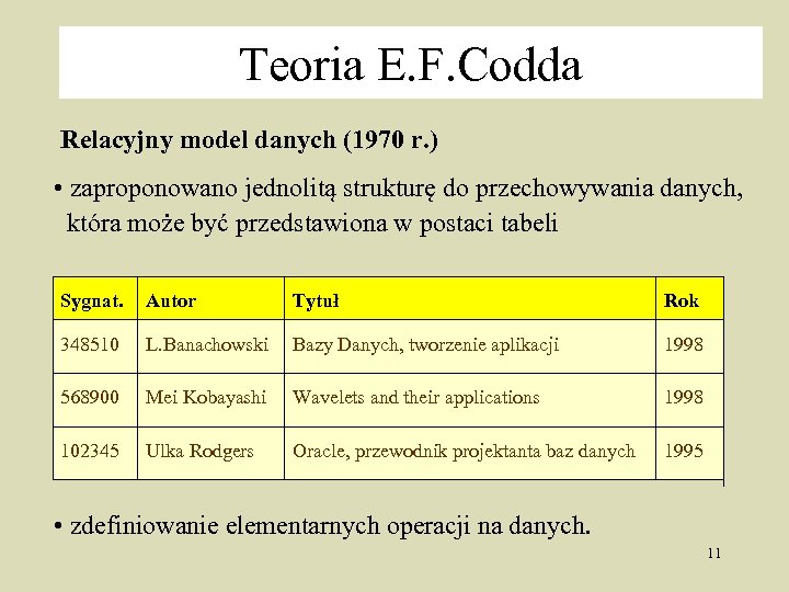 Teoria E. F. Codda Relacyjny model danych (1970 r. ) • zaproponowano jednolitą strukturę