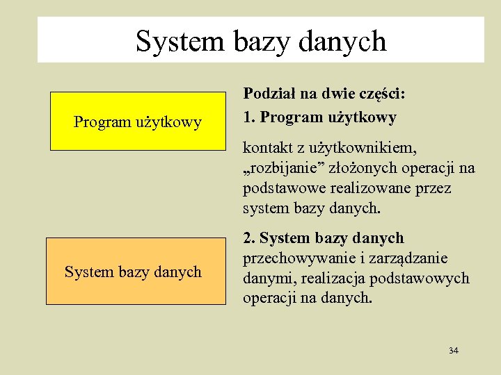 System bazy danych Program użytkowy Podział na dwie części: 1. Program użytkowy kontakt z