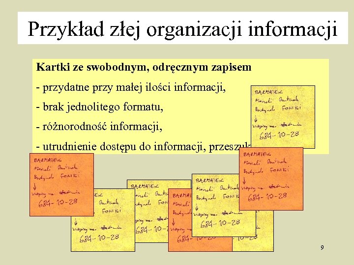 Przykład złej organizacji informacji Kartki ze swobodnym, odręcznym zapisem - przydatne przy małej ilości