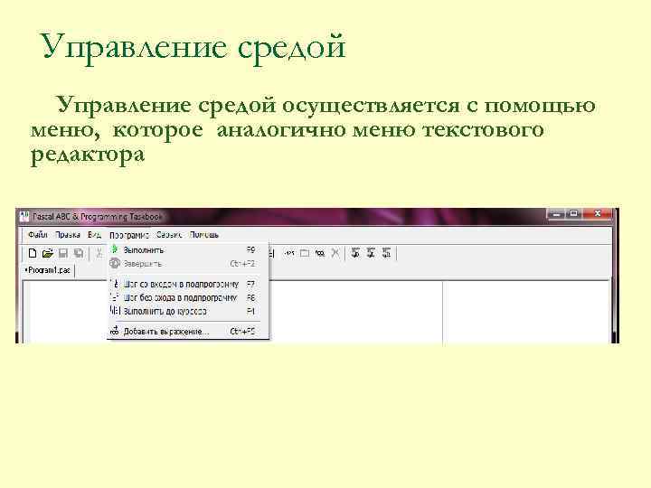 Управление средой осуществляется с помощью меню, которое аналогично меню текстового редактора 