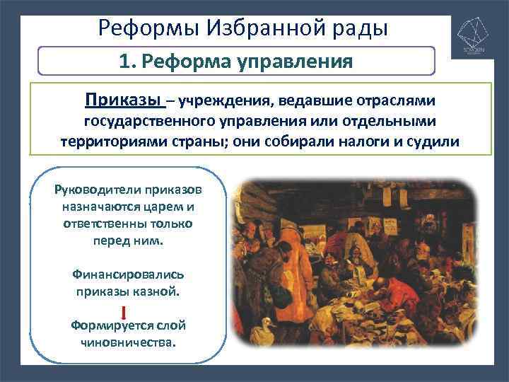 Реформы Избранной рады 1. Реформа управления Приказы – учреждения, ведавшие отраслями Какие высшие органы