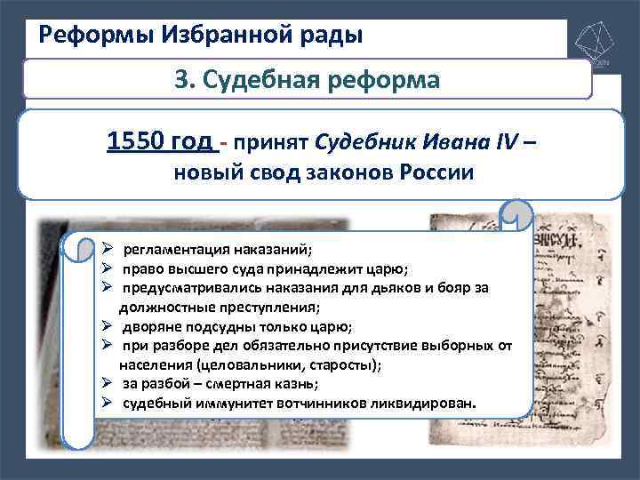 Реформы Избранной рады 3. Судебная реформа Когда и кем был принят свод законов, по