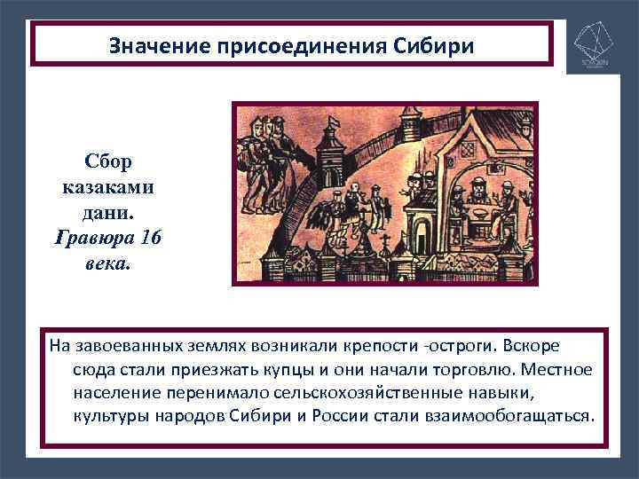 Значение присоединения Сибири Сбор казаками дани. Гравюра 16 века. На завоеванных землях возникали крепости