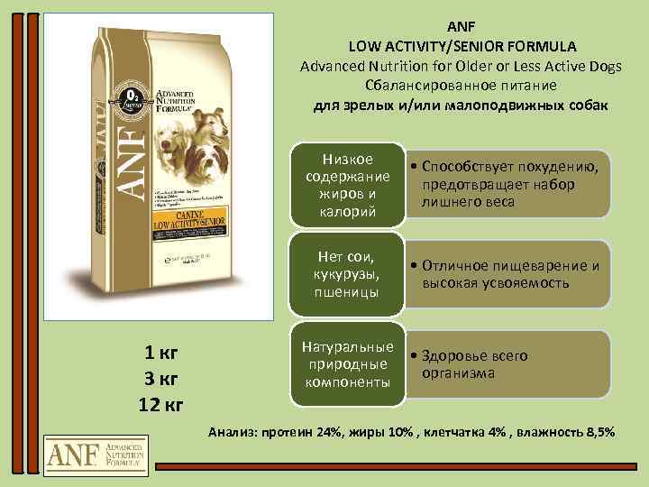 ANF LOW ACTIVITY/SENIOR FORMULA Advanced Nutrition for Older or Less Active Dogs Сбалансированное питание