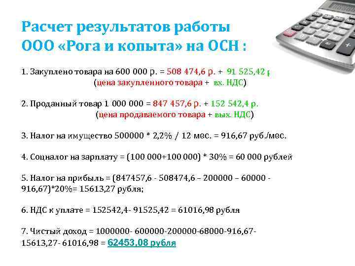 Расчет результатов работы ООО «Рога и копыта» на ОСН : 1. Закуплено товара на