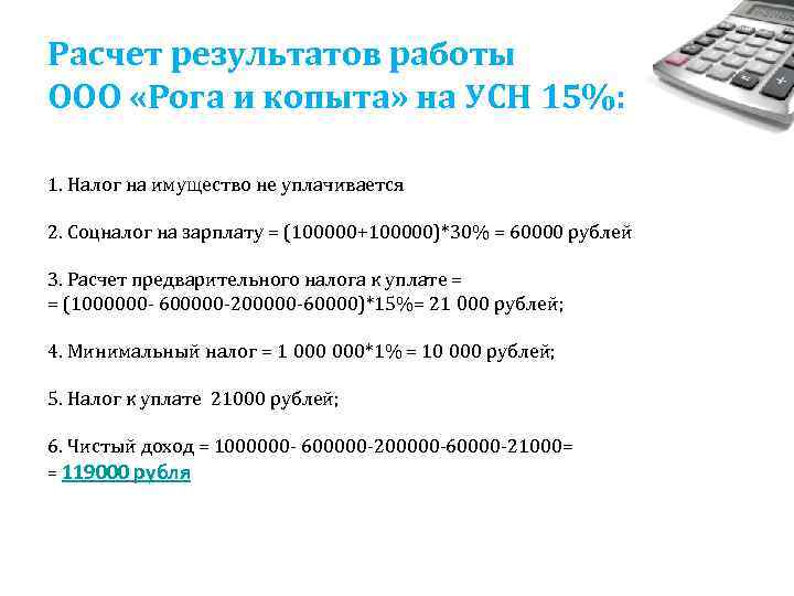 Расчет результатов работы ООО «Рога и копыта» на УСН 15%: 1. Налог на имущество