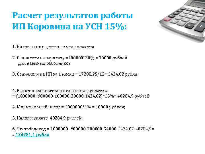 Расчет результатов работы ИП Коровина на УСН 15%: 1. Налог на имущество не уплачивается