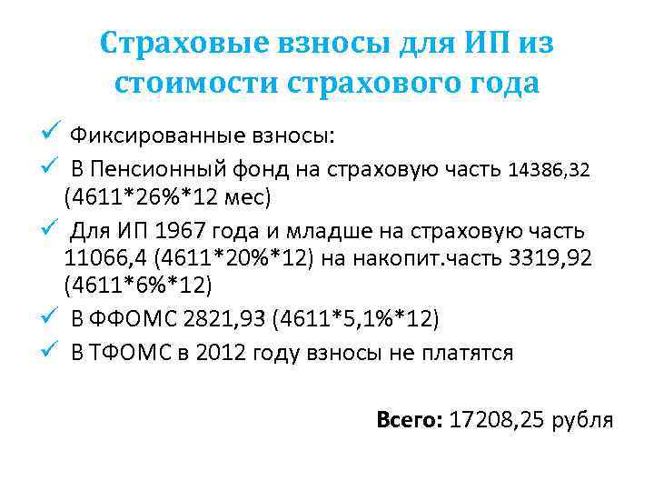 Страховые взносы для ИП из стоимости страхового года ü Фиксированные взносы: ü В Пенсионный