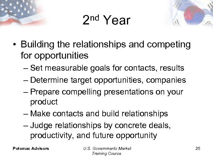 2 nd Year • Building the relationships and competing for opportunities – Set measurable