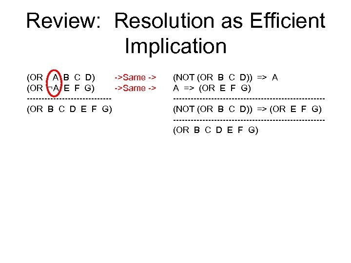 Review: Resolution as Efficient Implication (OR A B C D) ->Same -> (OR ¬A