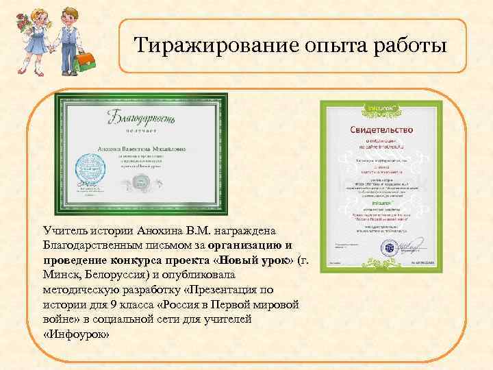 Тиражирование опыта работы Учитель истории Анохина В. М. награждена Благодарственным письмом за организацию и