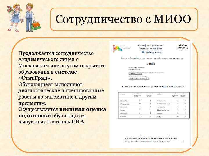 Сотрудничество с МИОО Продолжается сотрудничество Академического лицея с Московским институтом открытого образования в системе