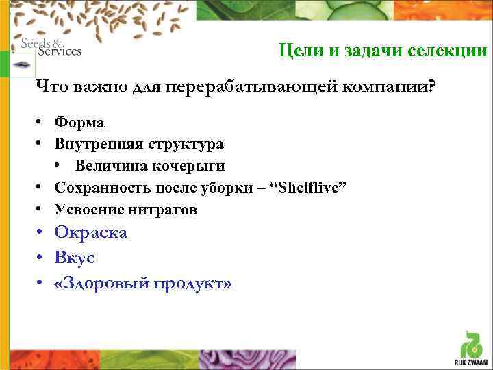 Цели и задачи селекции Что важно для перерабатывающей компании? • Форма • Внутренняя структура