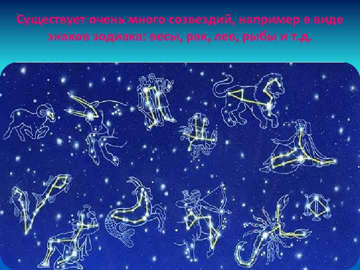 Существует очень много созвездий, например в виде знаков зодиака: весы, рак, лев, рыбы и