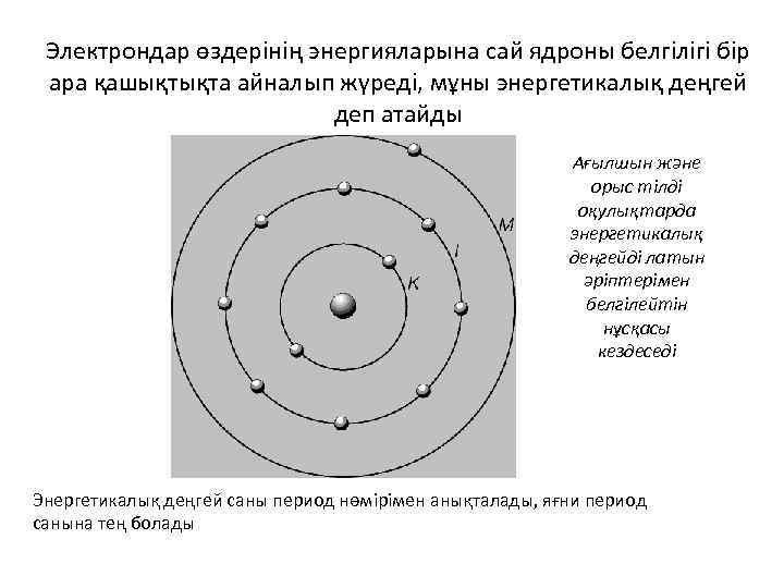 Электрондар өздерінің энергияларына сай ядроны белгілігі бір ара қашықтықта айналып жүреді, мұны энергетикалық деңгей