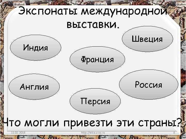 Экспонаты международной выставки. Швеция Индия Франция Россия Англия Персия Что могли привезти эти страны?