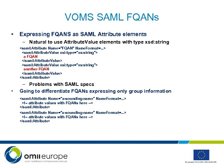 VOMS SAML FQANs • Expressing FQANS as SAML Attribute elements – Natural to use