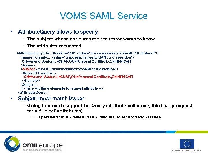 VOMS SAML Service • Attribute. Query allows to specify – The subject whose attributes