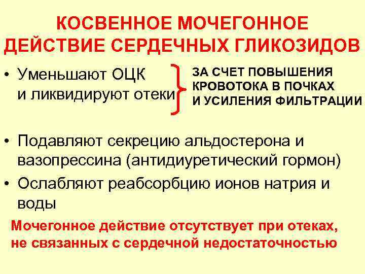 КОСВЕННОЕ МОЧЕГОННОЕ ДЕЙСТВИЕ СЕРДЕЧНЫХ ГЛИКОЗИДОВ • Уменьшают ОЦК и ликвидируют отеки ЗА СЧЕТ ПОВЫШЕНИЯ