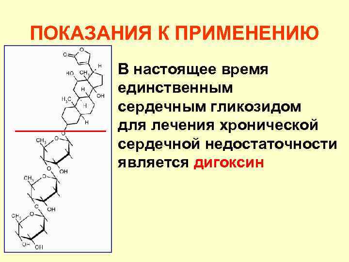 ПОКАЗАНИЯ К ПРИМЕНЕНИЮ В настоящее время единственным сердечным гликозидом для лечения хронической сердечной недостаточности