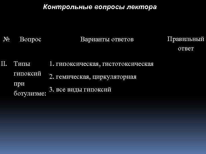 Контрольные вопросы лектора № Вопрос Варианты ответов II. Типы 1. гипоксическая, гистотоксическая гипоксий 2.