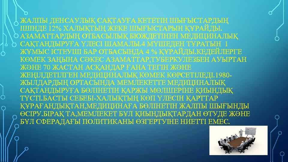 ЖАЛПЫ ДЕНСАУЛЫҚ САҚТАУҒА КЕТЕТІН ШЫҒЫСТАРДЫҢ ІШІНДЕ 12% ХАЛЫҚТЫҢ ЖЕКЕ ШЫҒЫСТАРЫН ҚҰРАЙДЫ. АЗАМАТТАРДЫҢ ОТБАСЫЛЫҚ БЮЖДЕТІНЕН