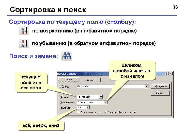 36 Сортировка и поиск Сортировка по текущему полю (столбцу): по возрастанию (в алфавитном порядке)