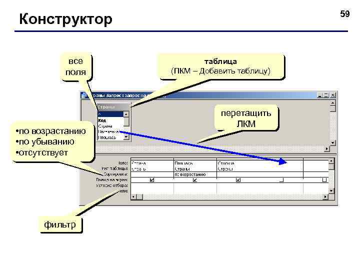 59 Конструктор все поля • по возрастанию • по убыванию • отсутствует фильтр таблица